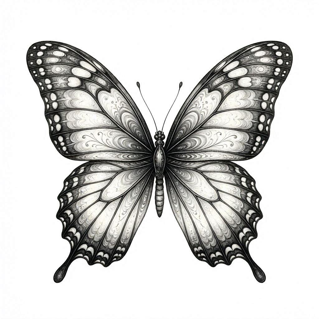 A sophisticated Rorschach‑style inkblot forming an ornate butterfly silhouette, rendered in rich, flowing ink with intricate mirrored details. The composition is perfectly symmetrical yet intentionally ambiguous, with delicate flourishes, layered textures, and subtle organic patterns emerging within the wings. The style feels refined and artistic, like a high‑end monochrome print on clean white paper, minimal and elegant with no distractions.
